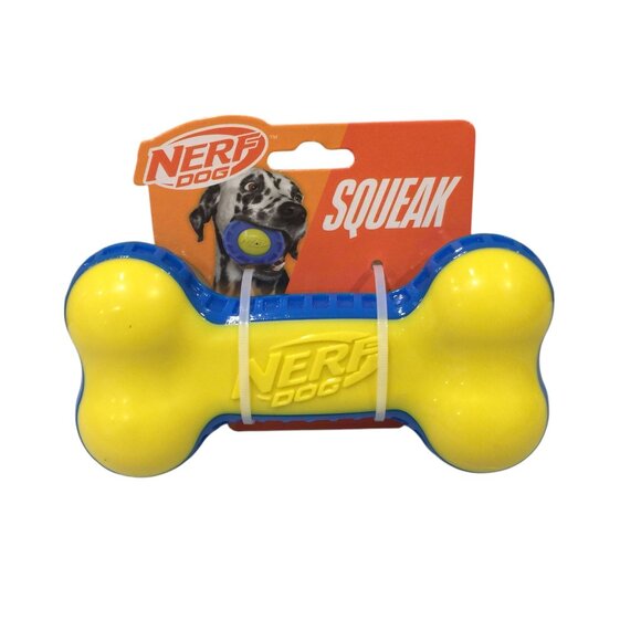 NERF DOG Squeaker Yellow Blue 6 1/2" Bone Dog Fetch Toy - Picture 1 of 3